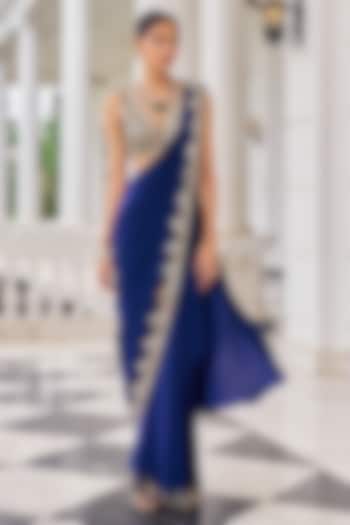 Purple Crepe Embroidered Wedding Saree Set by Nidhika Shekhar at Pernia's Pop Up Shop