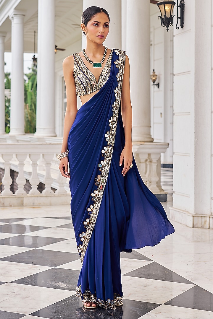 Purple Crepe Embroidered Wedding Saree Set by Nidhika Shekhar at Pernia's Pop Up Shop