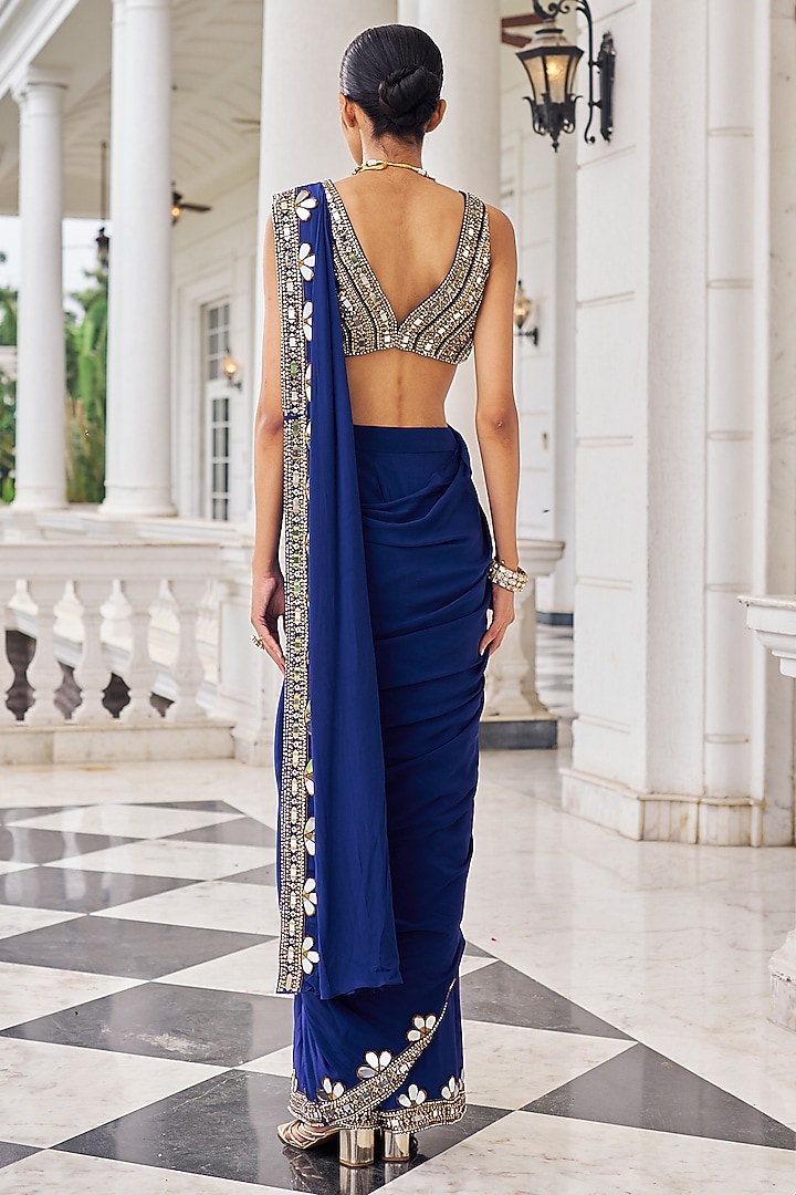 Purple Crepe Embroidered Wedding Saree Set by Nidhika Shekhar at Pernia's Pop Up Shop