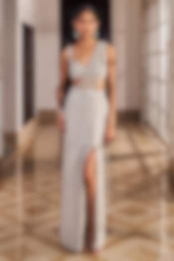 Silver Georgette Pearl Embroidered Wedding Saree Set by Nidhika Shekhar at Pernia's Pop Up Shop