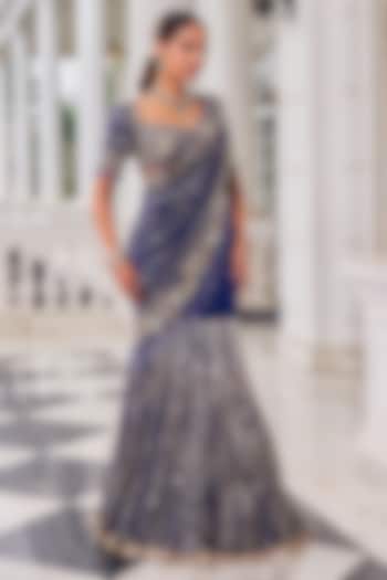 Purple Crepe Pearl Embroidered Reception Lehenga Saree Set by Nidhika Shekhar at Pernia's Pop Up Shop