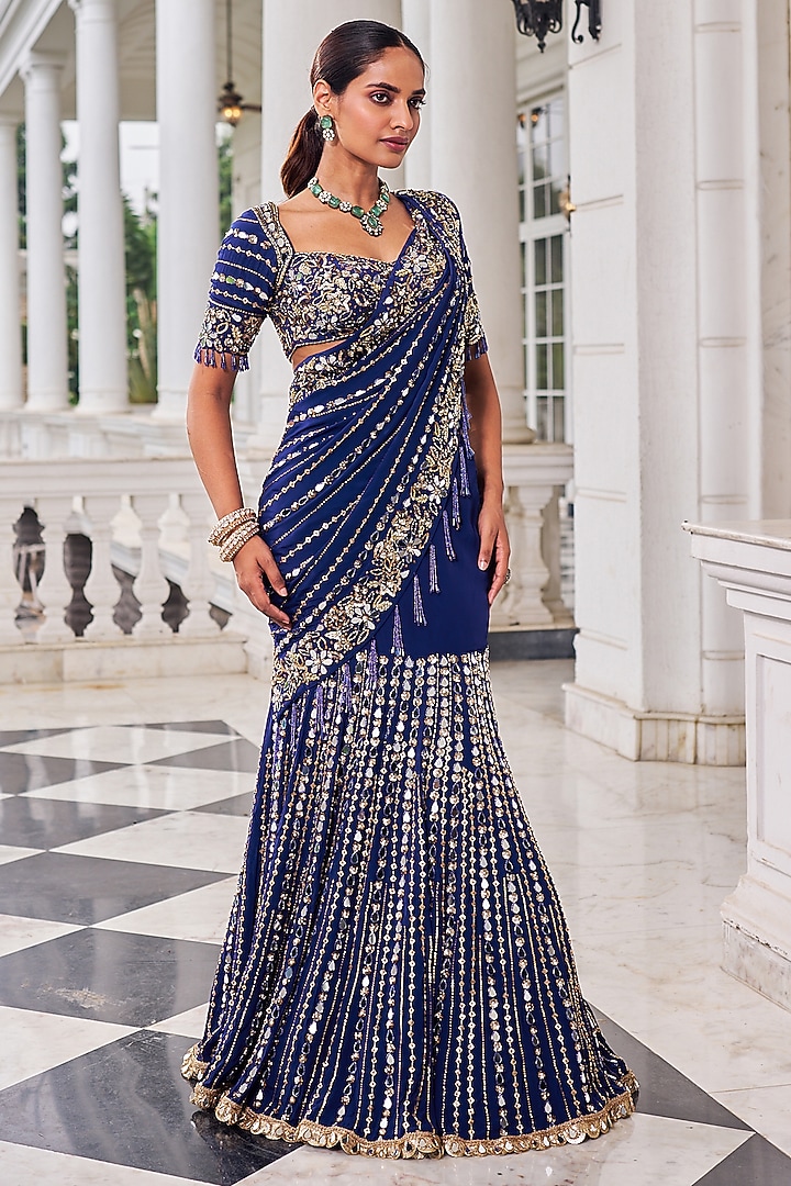 Purple Crepe Pearl Embroidered Reception Lehenga Saree Set by Nidhika Shekhar at Pernia's Pop Up Shop