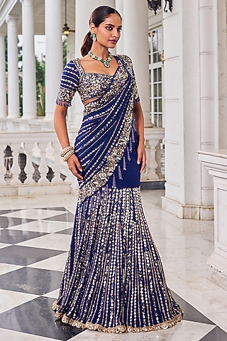 Purple Crepe Pearl Embroidered Lehenga Saree Set by Nidhika Shekhar