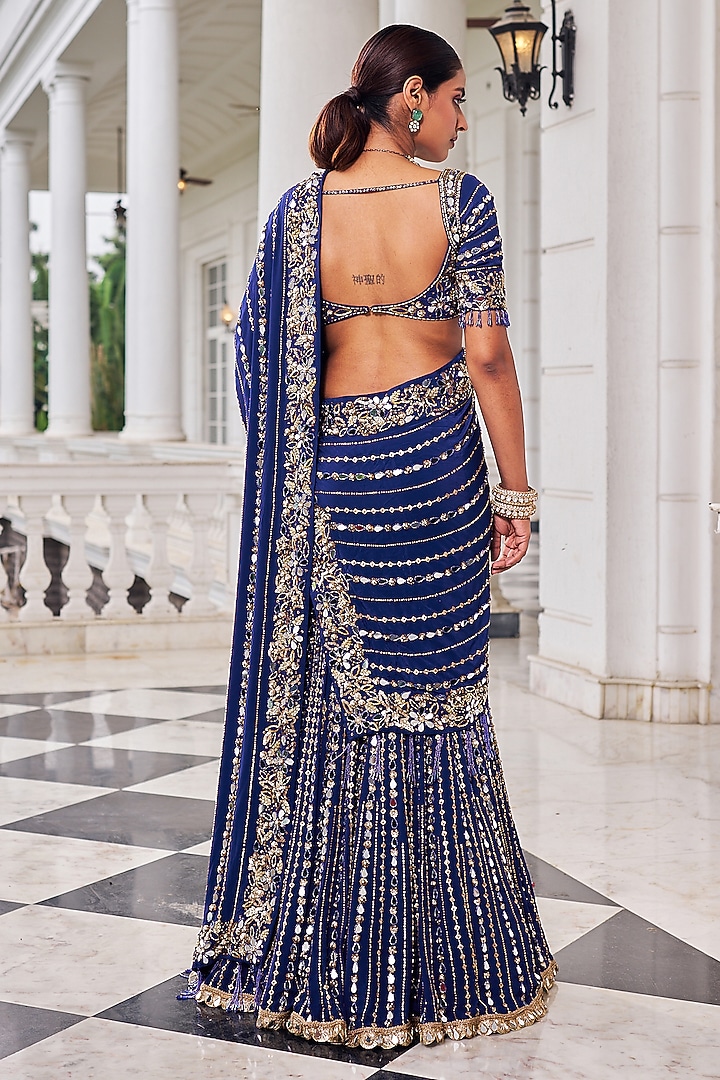 Purple Crepe Pearl Embroidered Reception Lehenga Saree Set by Nidhika Shekhar at Pernia's Pop Up Shop