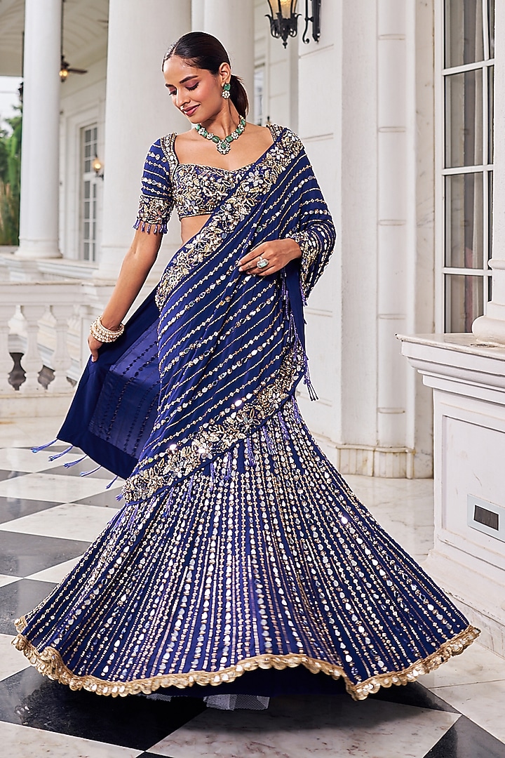 Purple Crepe Pearl Embroidered Reception Lehenga Saree Set by Nidhika Shekhar at Pernia's Pop Up Shop