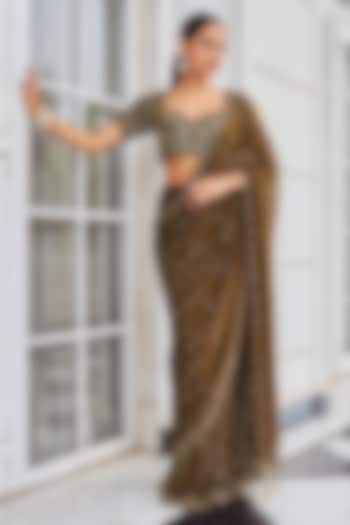 Copper Georgette Sequins Embroidered Reception Saree Set by Nidhika Shekhar at Pernia's Pop Up Shop