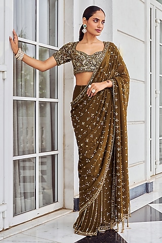 Copper Georgette Sequins Embroidered Saree Set by Nidhika Shekhar