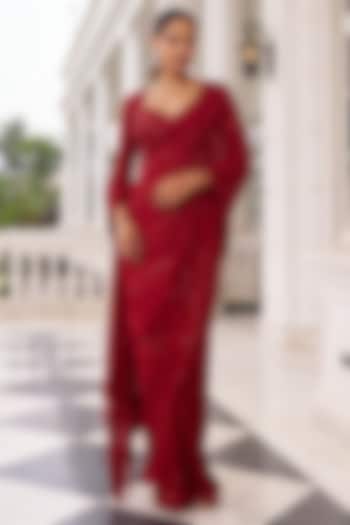Red Georgette Sequins Embroidered Reception Saree Set by Nidhika Shekhar at Pernia's Pop Up Shop