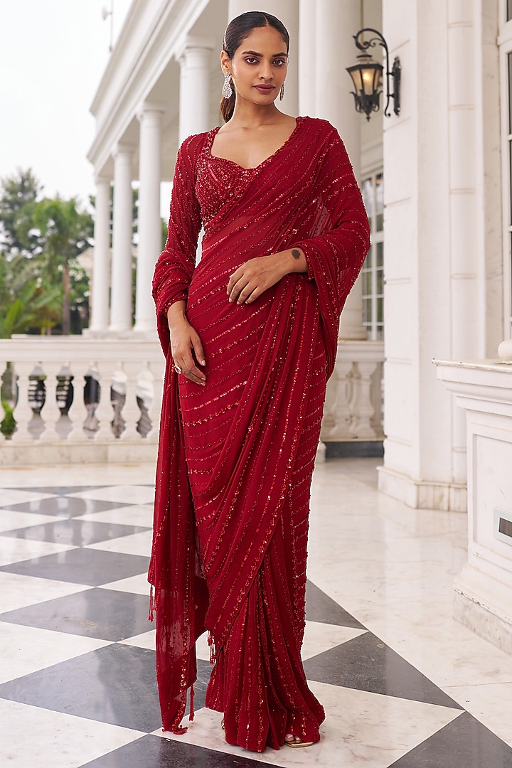 Red Georgette Sequins Embroidered Reception Saree Set by Nidhika Shekhar at Pernia's Pop Up Shop
