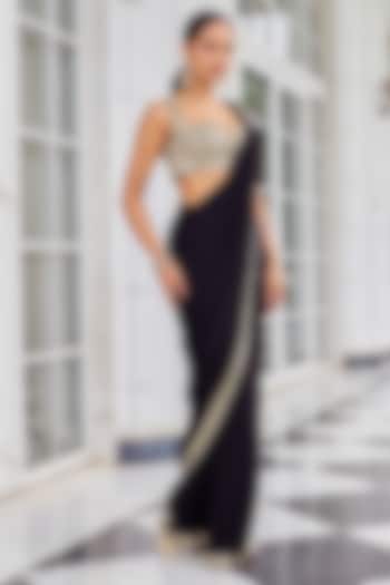 Black Crepe Sequins Embroidered Draped Wedding Saree Set by Nidhika Shekhar at Pernia's Pop Up Shop