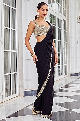 Black Crepe Sequins Embroidered Draped Saree Set by Nidhika Shekhar
