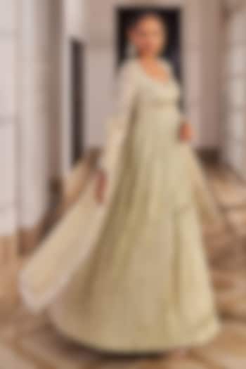 Golden Organza Pearl Embroidered Wedding Anarkali Set by Nidhika Shekhar at Pernia's Pop Up Shop