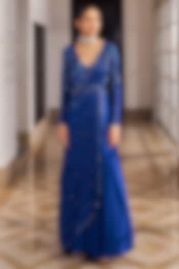 Inky Blue Georgette & Net Sequins Embroidered Wedding Anarkali Set by Nidhika Shekhar at Pernia's Pop Up Shop