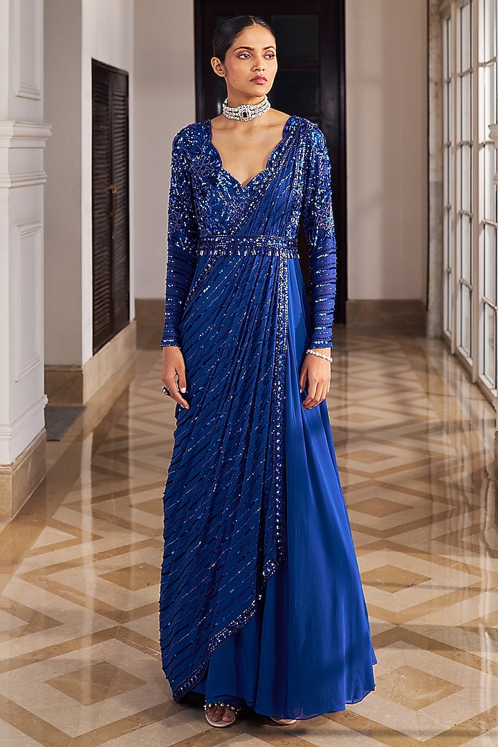 Inky Blue Georgette & Net Sequins Embroidered Wedding Anarkali Set by Nidhika Shekhar at Pernia's Pop Up Shop
