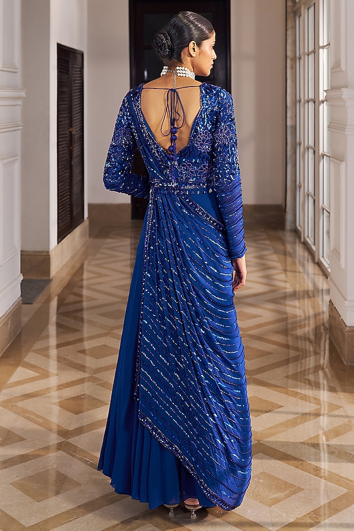 Inky Blue Georgette & Net Sequins Embroidered Wedding Anarkali Set by Nidhika Shekhar at Pernia's Pop Up Shop