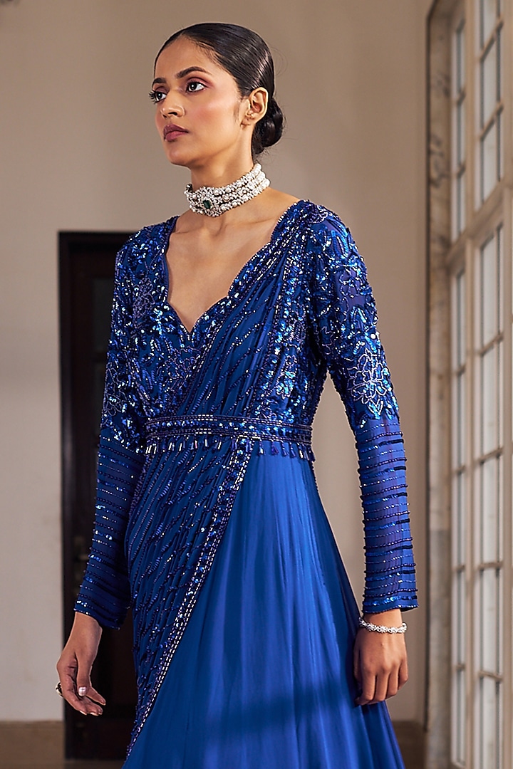Inky Blue Georgette & Net Sequins Embroidered Wedding Anarkali Set by Nidhika Shekhar at Pernia's Pop Up Shop
