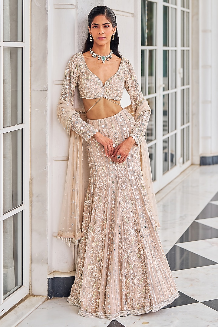 Salmon Pink Georgette Sequins Embroidered Bridal lehenga for 22 Lehenga Set by Nidhika Shekhar at Pernia's Pop Up Shop