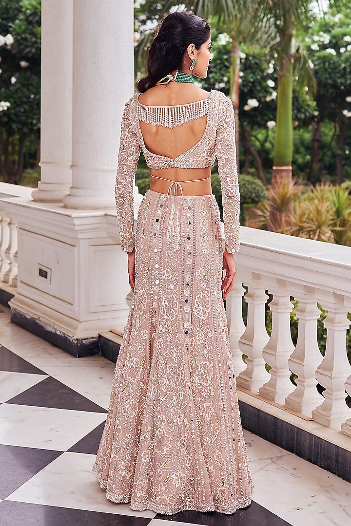 Salmon Pink Georgette Sequins Embroidered Bridal Lehenga Set by Nidhika Shekhar at Pernia's Pop Up Shop
