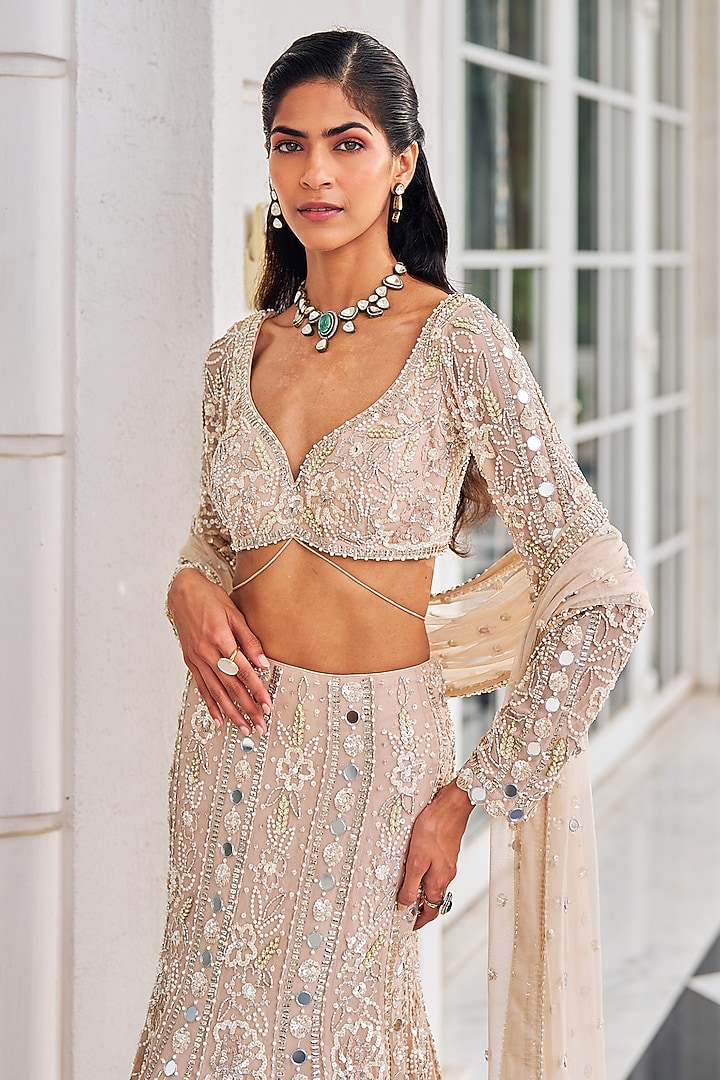 Salmon Pink Georgette Sequins Embroidered Bridal Lehenga Set by Nidhika Shekhar at Pernia's Pop Up Shop