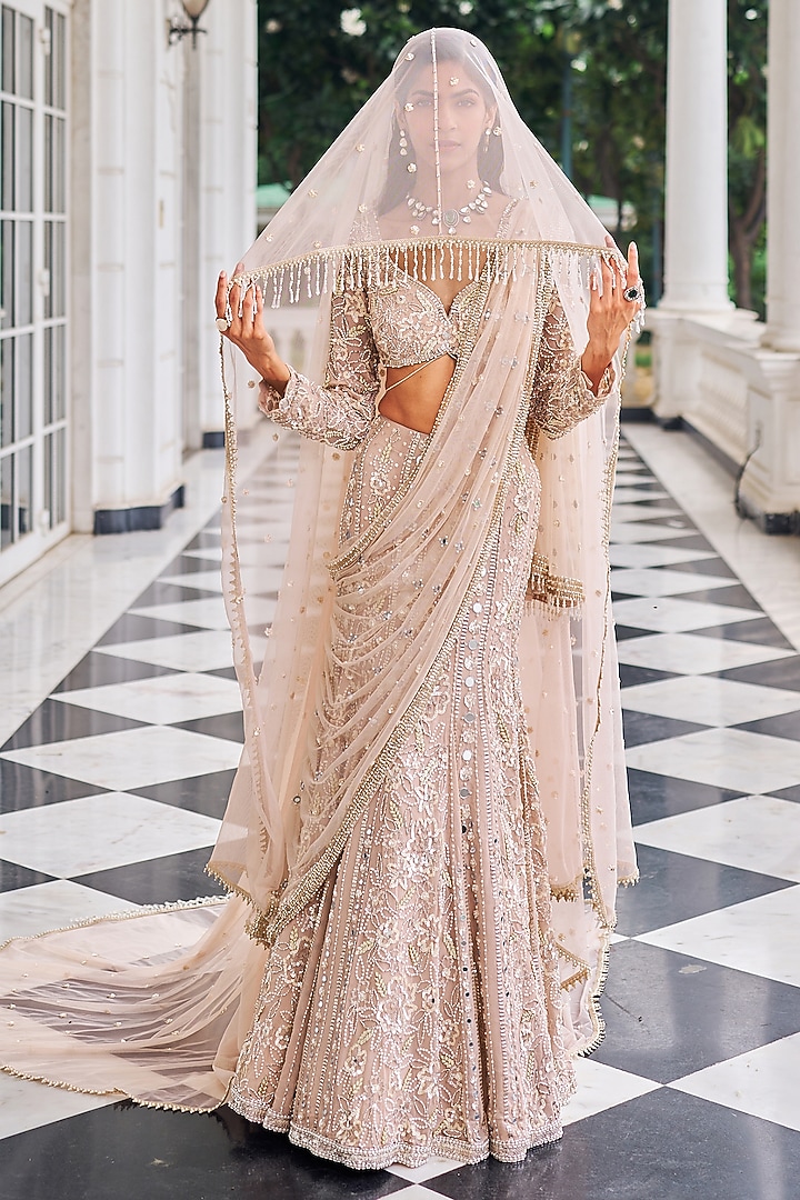 Salmon Pink Georgette Sequins Embroidered Bridal Lehenga Set by Nidhika Shekhar at Pernia's Pop Up Shop