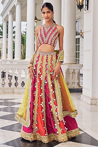Multi-Colored Silk Sequins Embroidered Lehenga Set by Nidhika Shekhar