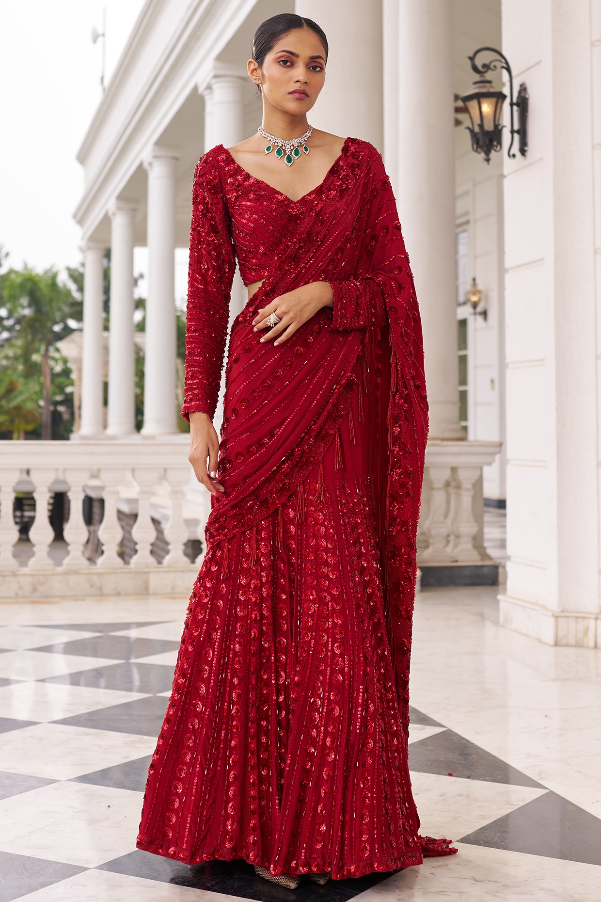 Nidhika Shekhar Red Georgette & Net Embroidered Lehenga Saree Set