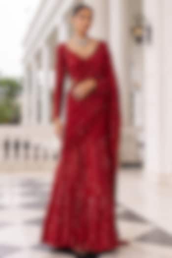 Red Georgette & Net Embroidered Reception Lehenga Saree Set by Nidhika Shekhar at Pernia's Pop Up Shop