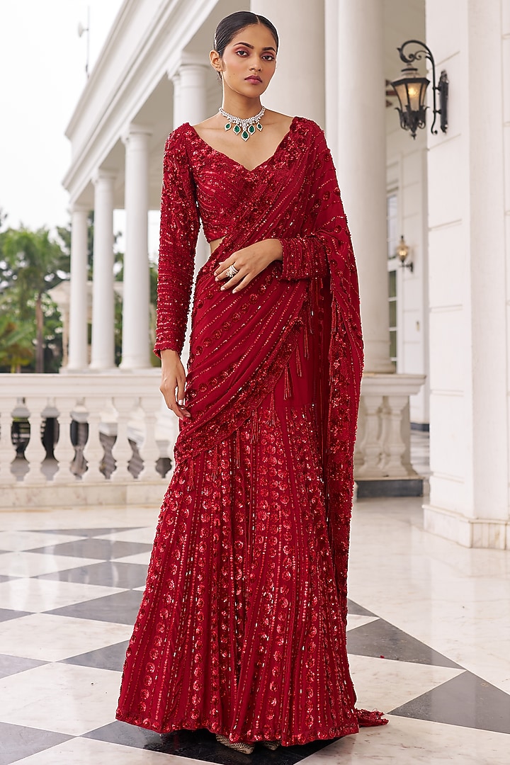 Red Georgette & Net Embroidered Reception Lehenga Saree Set by Nidhika Shekhar at Pernia's Pop Up Shop