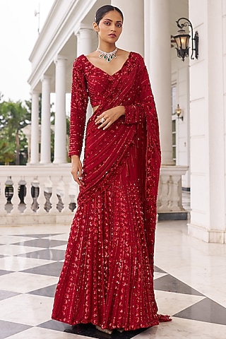 Red Georgette & Net Embroidered Lehenga Saree Set by Nidhika Shekhar