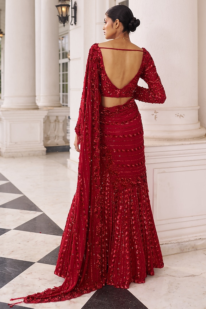 Red Georgette & Net Embroidered Reception Lehenga Saree Set by Nidhika Shekhar at Pernia's Pop Up Shop