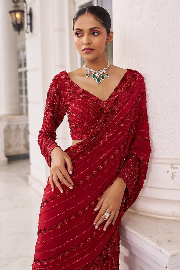 Red Georgette & Net Embroidered Reception Lehenga Saree Set by Nidhika Shekhar at Pernia's Pop Up Shop