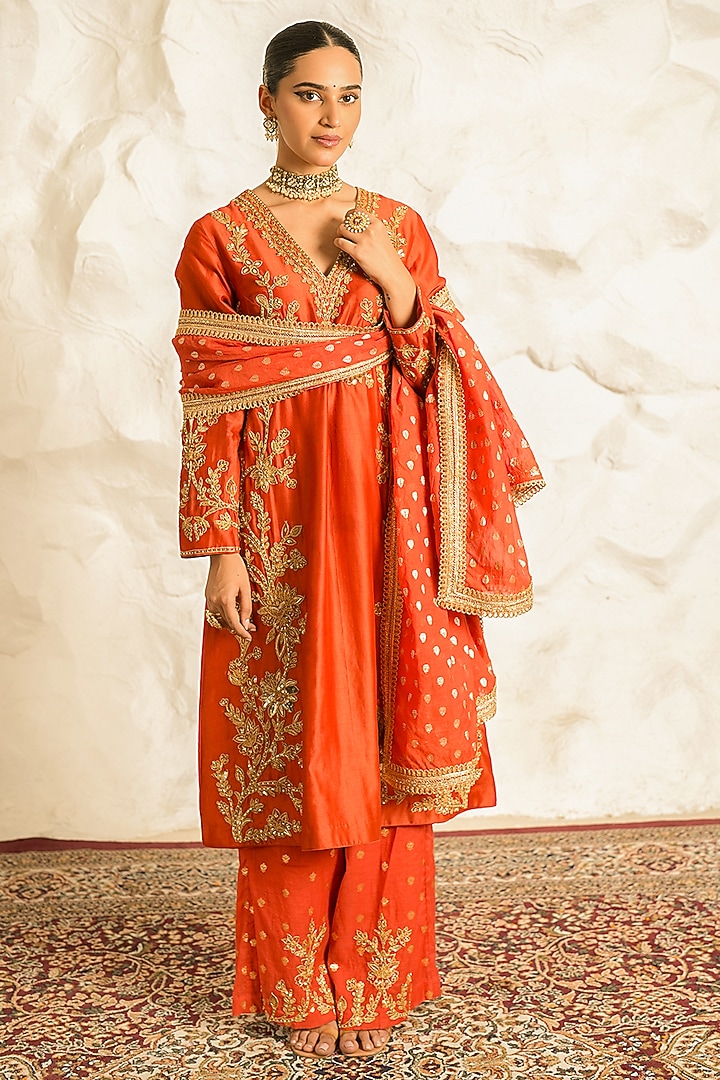 Rust Orange Chanderi Zari Embroidered Kurta Set by Nidhika Shekhar at Pernia's Pop Up Shop