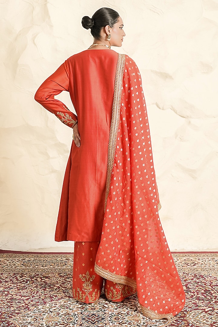 Rust Orange Chanderi Zari Embroidered Kurta Set by Nidhika Shekhar at Pernia's Pop Up Shop