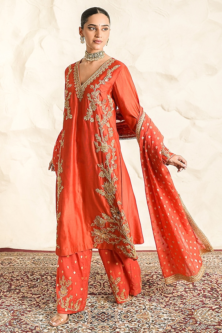 Rust Orange Chanderi Zari Embroidered Kurta Set by Nidhika Shekhar at Pernia's Pop Up Shop