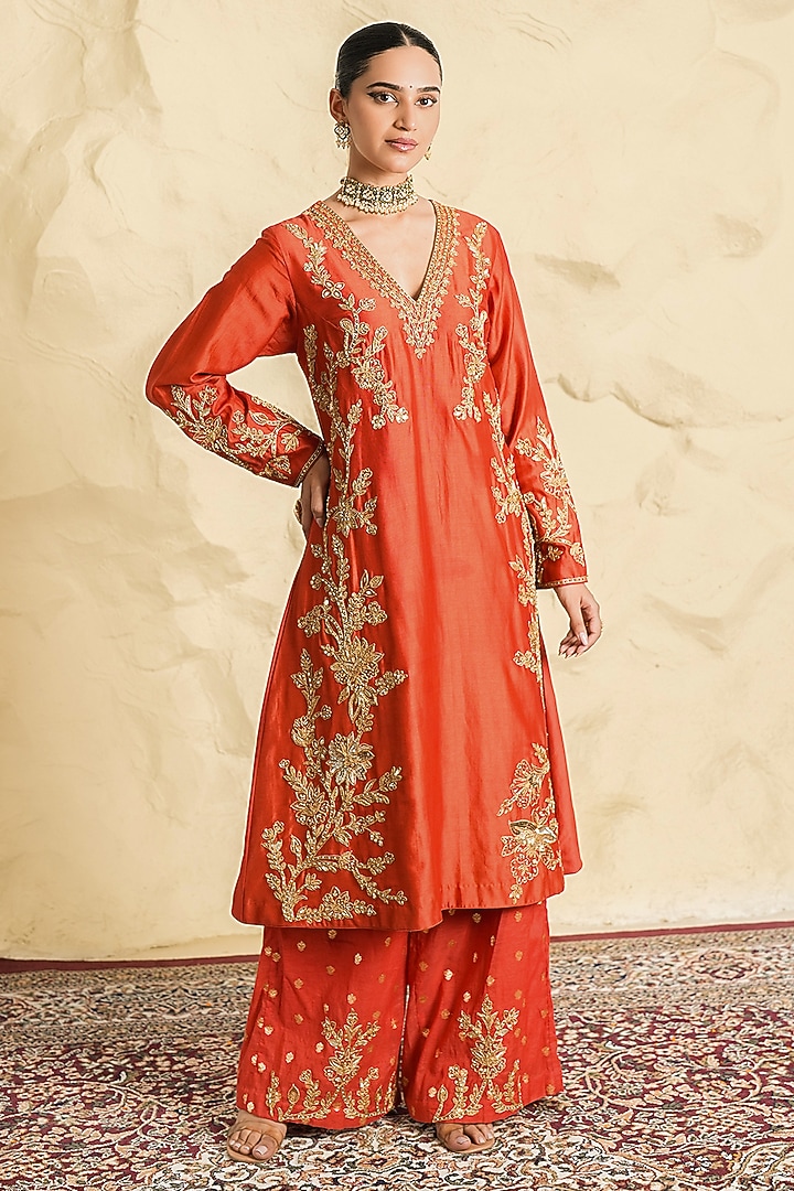 Rust Orange Chanderi Zari Embroidered Kurta Set by Nidhika Shekhar at Pernia's Pop Up Shop