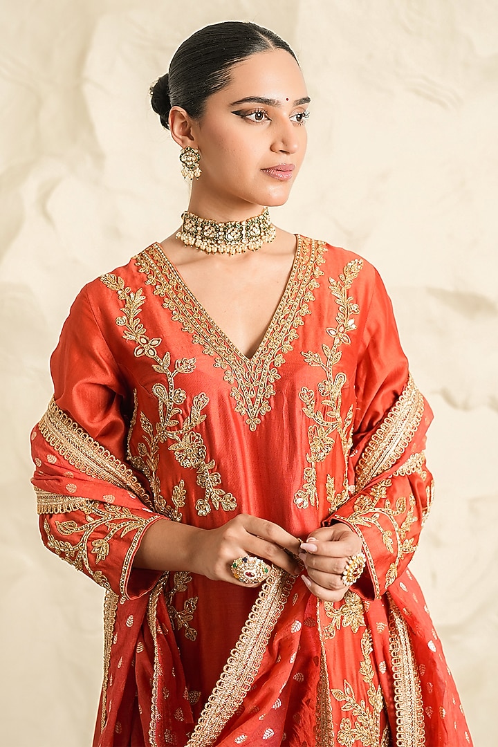 Rust Orange Chanderi Zari Embroidered Kurta Set by Nidhika Shekhar at Pernia's Pop Up Shop