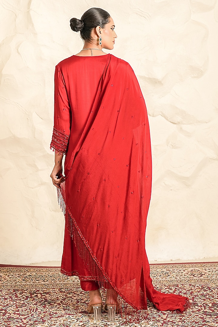 Red Satin Embroidered Kurta Set by Nidhika Shekhar at Pernia's Pop Up Shop