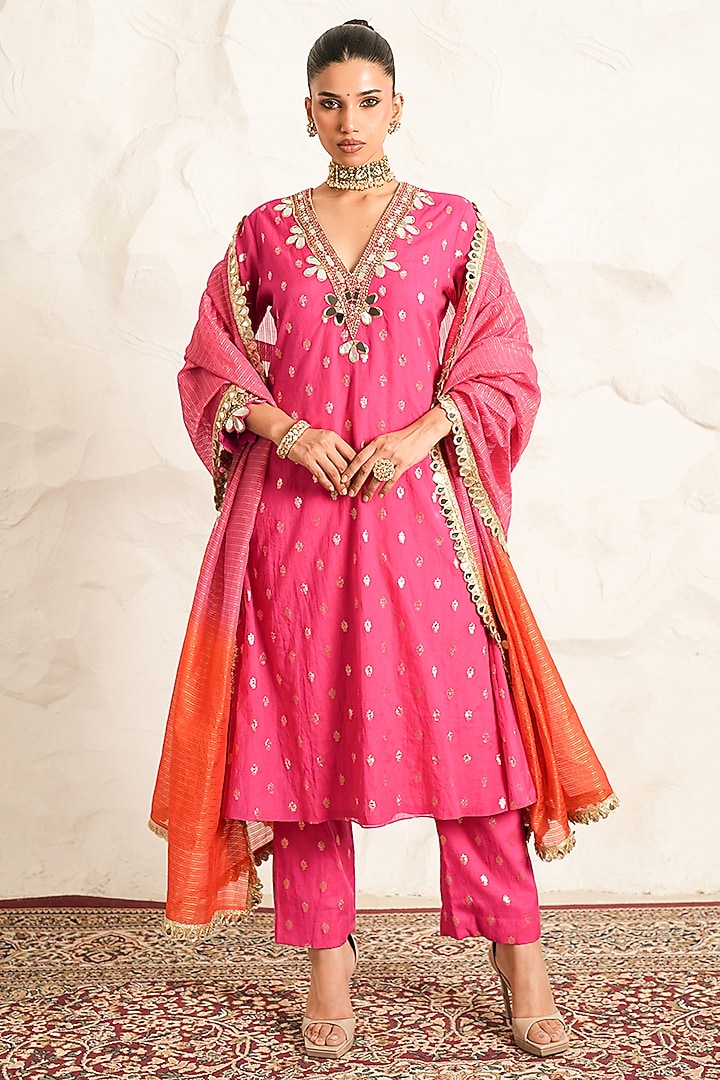 Hot Pink Chanderi Mirror Embroidered Kurta Set by Nidhika Shekhar at Pernia's Pop Up Shop