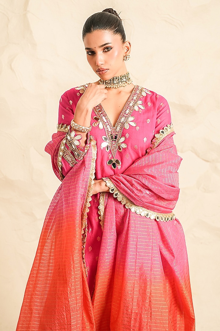 Hot Pink Chanderi Mirror Embroidered Kurta Set by Nidhika Shekhar at Pernia's Pop Up Shop
