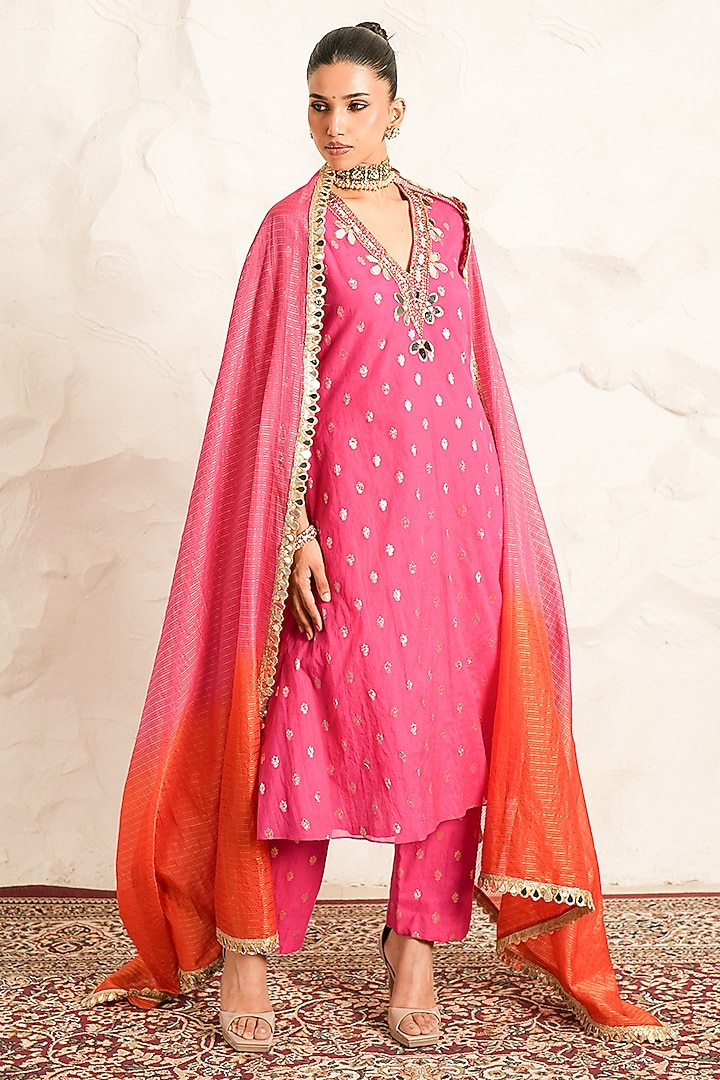 Hot Pink Chanderi Mirror Embroidered Kurta Set by Nidhika Shekhar at Pernia's Pop Up Shop