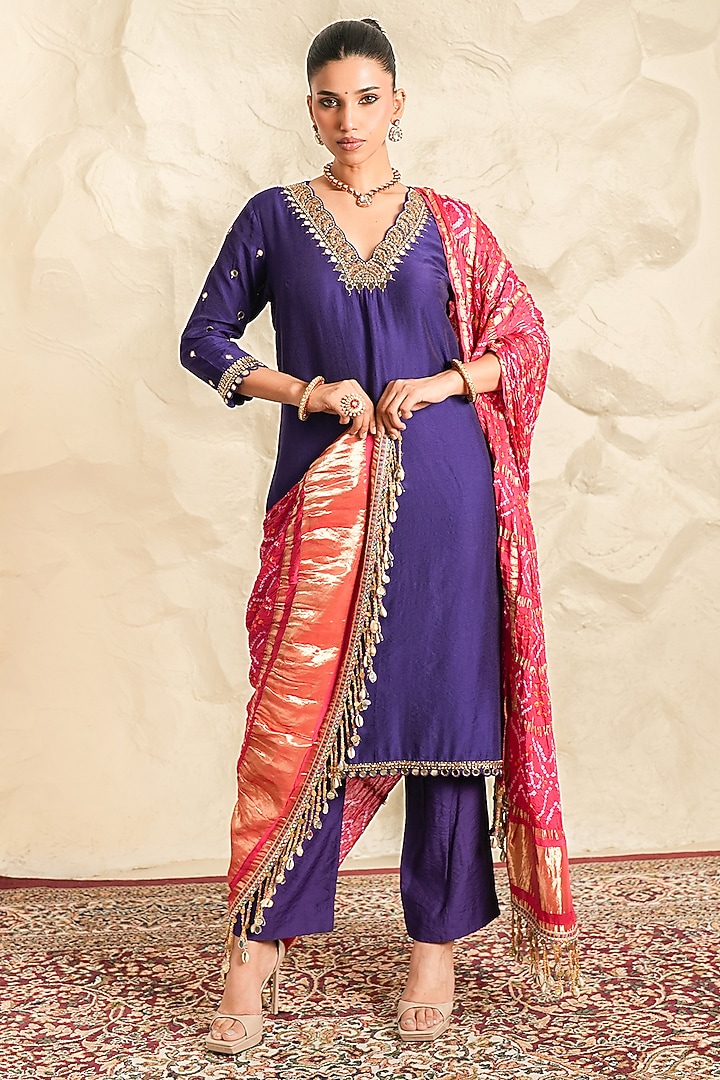 Purple Chanderi Zari Embroidered Kurta Set by Nidhika Shekhar at Pernia's Pop Up Shop