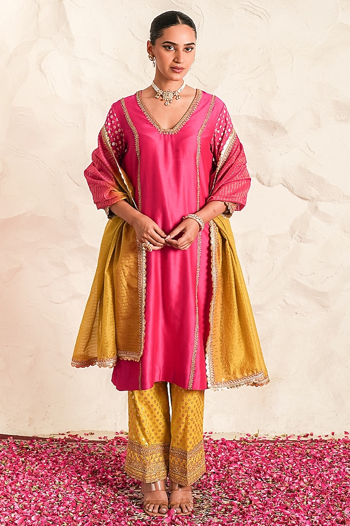Hot Pink Chanderi Zari Embroidered A-Line Kurta Set by Nidhika Shekhar at Pernia's Pop Up Shop