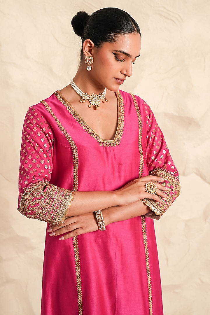 Hot Pink Chanderi Zari Embroidered A-Line Kurta Set by Nidhika Shekhar at Pernia's Pop Up Shop