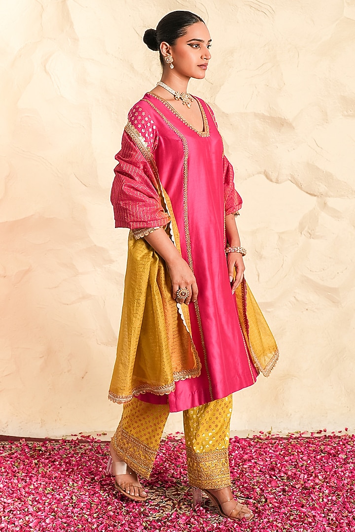 Hot Pink Chanderi Zari Embroidered A-Line Kurta Set by Nidhika Shekhar at Pernia's Pop Up Shop
