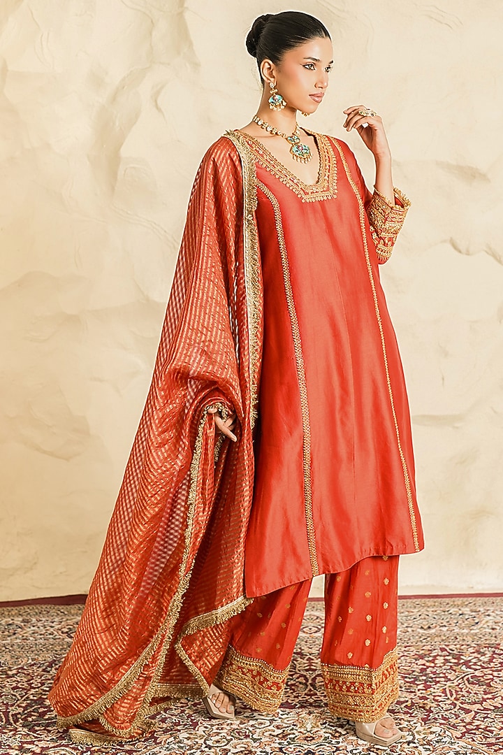 Rust Chanderi Zari Embroidered A-Line Kurta Set by Nidhika Shekhar at Pernia's Pop Up Shop