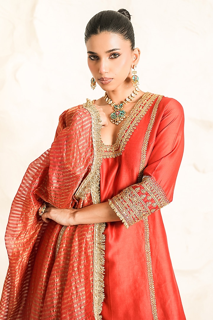 Rust Chanderi Zari Embroidered A-Line Kurta Set by Nidhika Shekhar at Pernia's Pop Up Shop