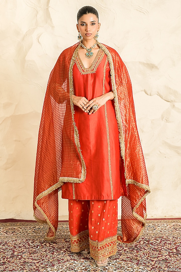 Rust Chanderi Zari Embroidered A-Line Kurta Set by Nidhika Shekhar at Pernia's Pop Up Shop