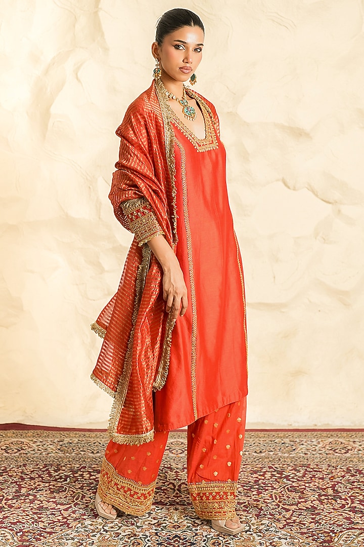 Rust Chanderi Zari Embroidered A-Line Kurta Set by Nidhika Shekhar at Pernia's Pop Up Shop