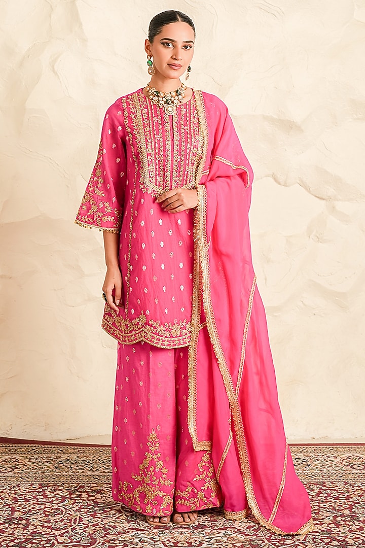 Hot Pink Chanderi Zari Embroidered Short Kurta Set by Nidhika Shekhar at Pernia's Pop Up Shop