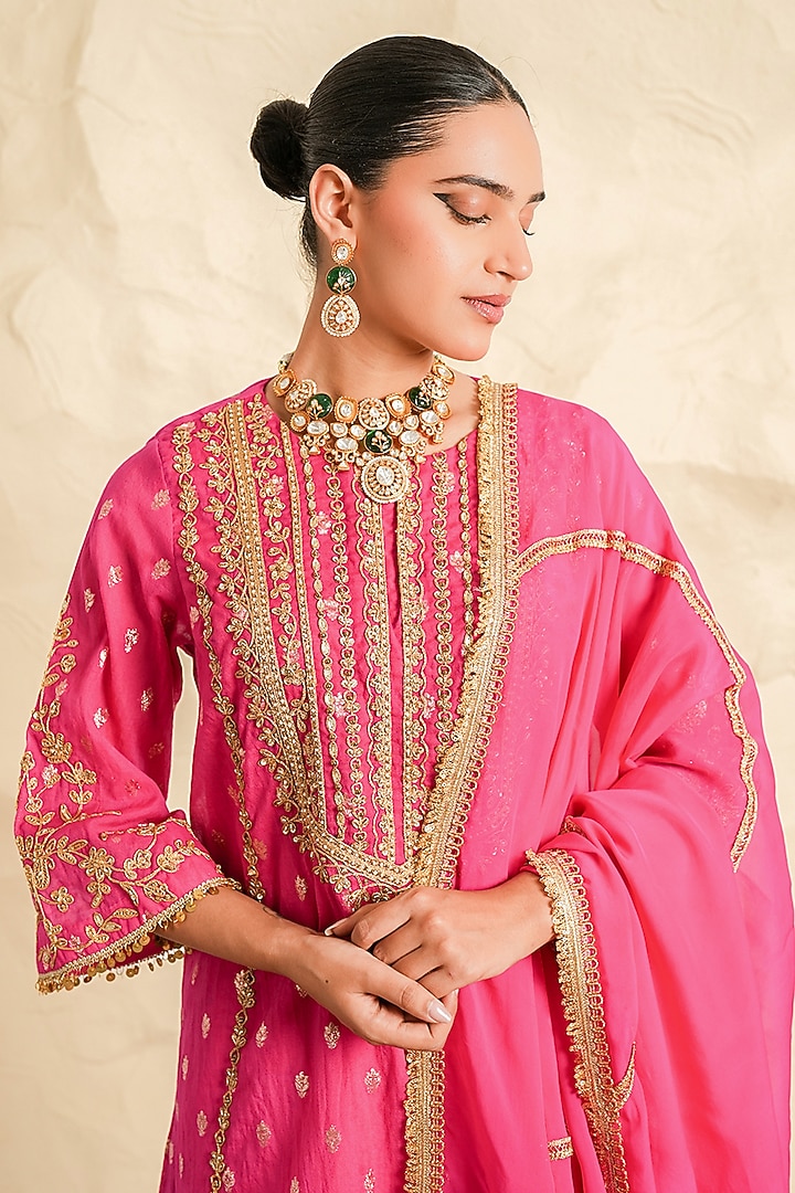 Hot Pink Chanderi Zari Embroidered Short Kurta Set by Nidhika Shekhar at Pernia's Pop Up Shop